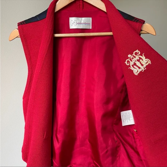 Vintage Wool Red Vest with Tartan Back Gold Button - Picture 4 of 7